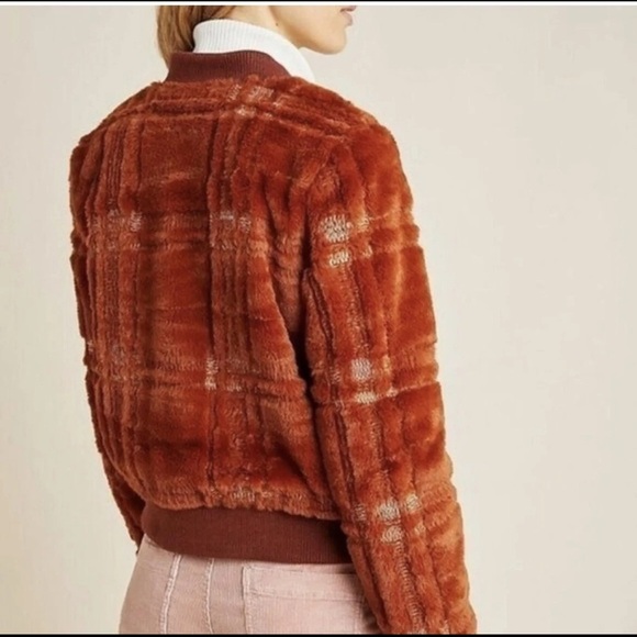 Anthropologie Plaid Teddy Bomber Jacket Sz 1X Rust Brown Fuzzy Zip Up Plush Coat - Picture 8 of 13